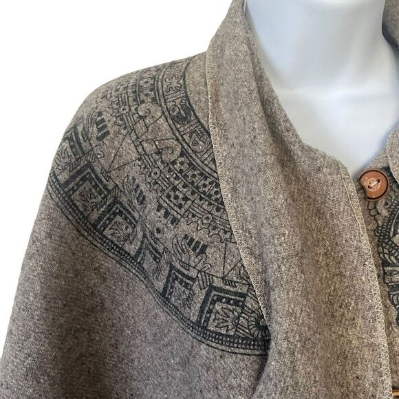 Vintage Molina Aztec Print Wool Poncho Walking Cape One Size Brown Fringe Brown - Picture 5 of 11
